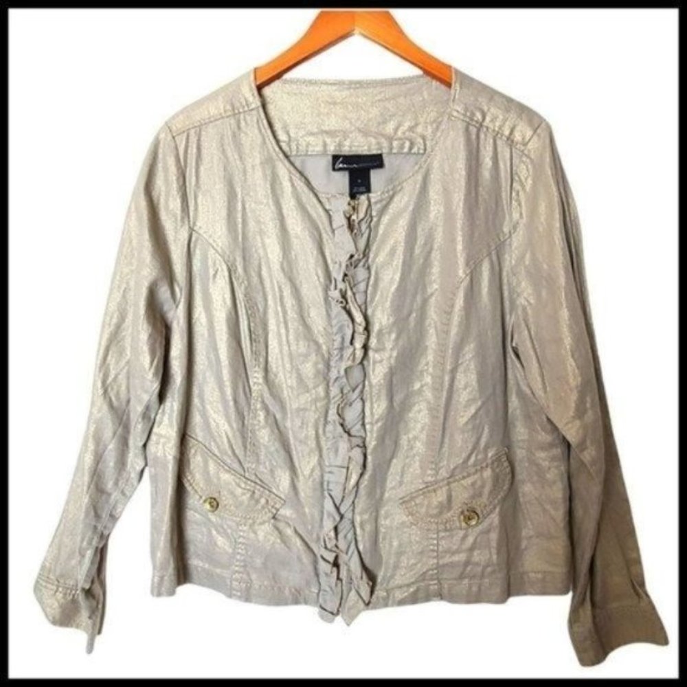 Lane Bryant Women’s Plus Size 18 Beige Gold Ruffled Linen Blend Zip‎ Blazer